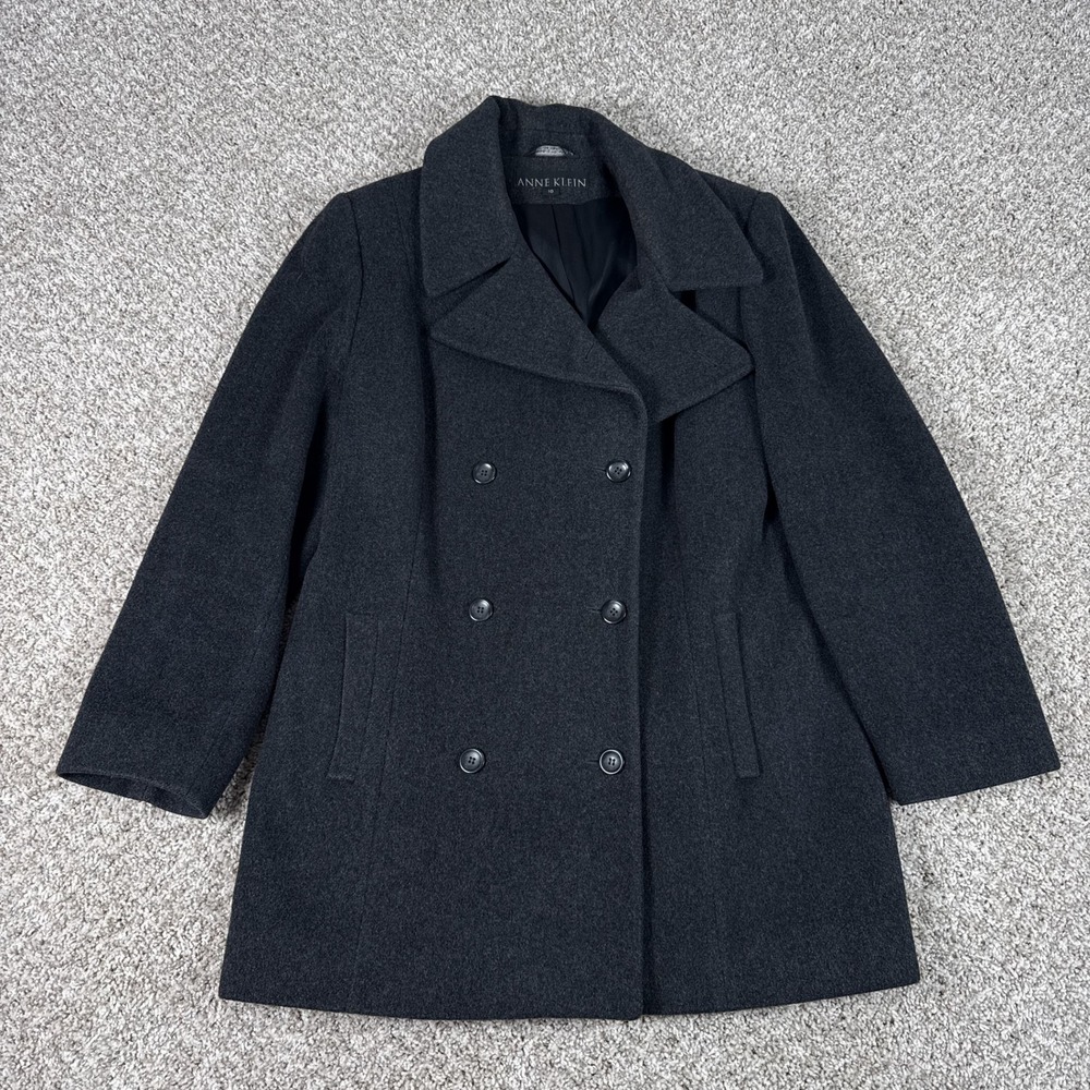 Anne Klein Coat Womens 10 Charcoal Double Breasted Wool Peacoat Lined Classic‎